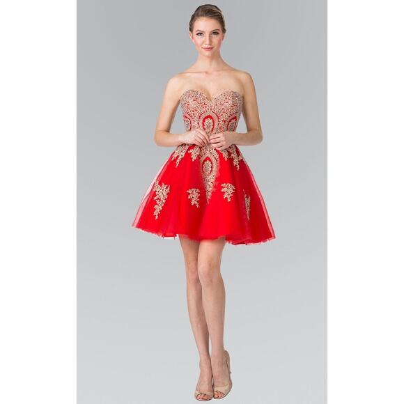 GLS Apparel USA Inc. Women's Red Tull  Strapless Dress W/Gold Sequins Size XS - Picture 1 of 7